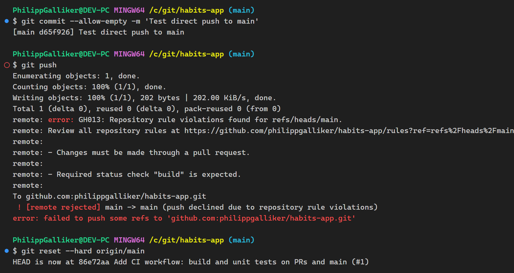 Terminal: a direct push to main is rejected by the ruleset with GH013