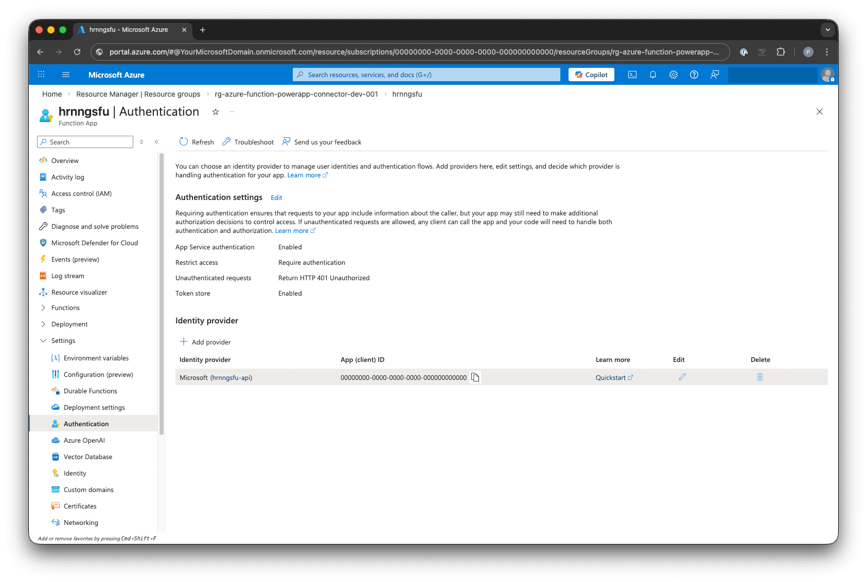 Azure Portal Function App authentication settings