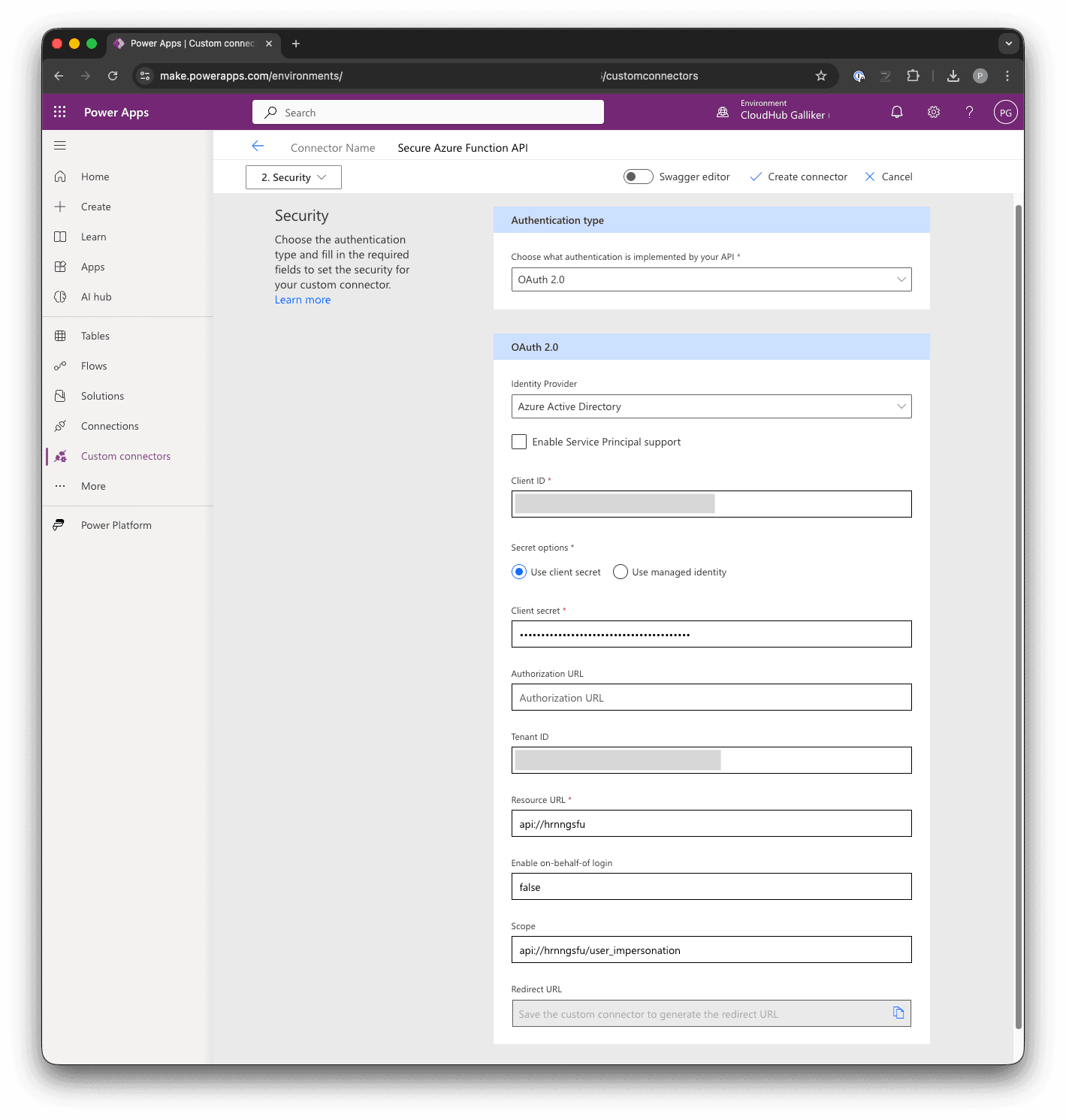 Custom connector security tab OAuth configuration
