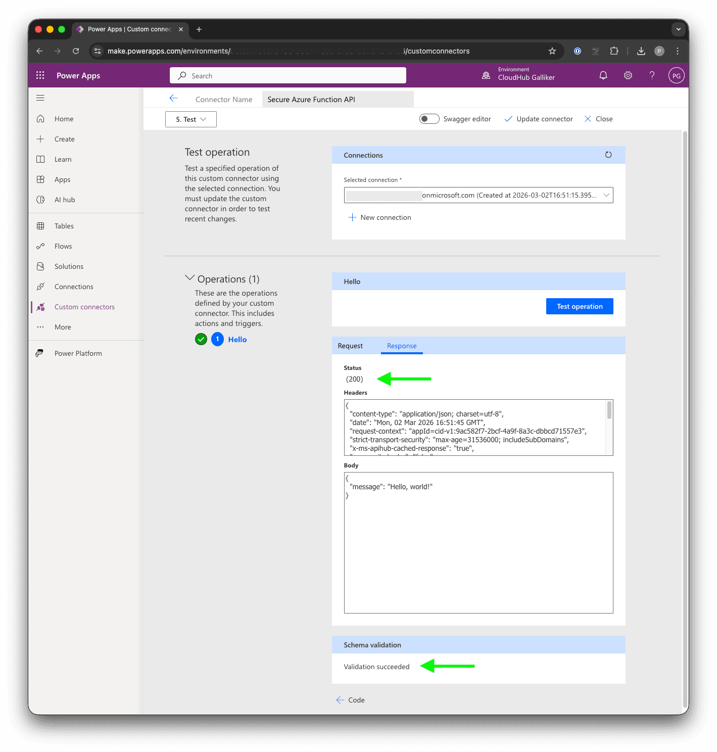 Custom connector test success