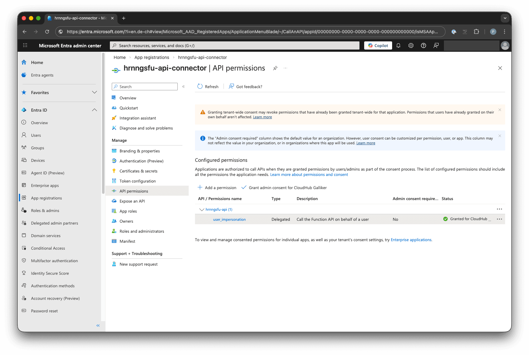Entra ID app registration API permissions